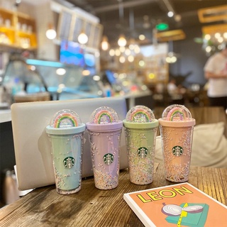 🌟Starbucks🌟ถ้วยแก้วใสมีหลอดดูดขนาด พร้อมหลอดดูด  Starbucks แก้วน้ำพลาสติก 450ml