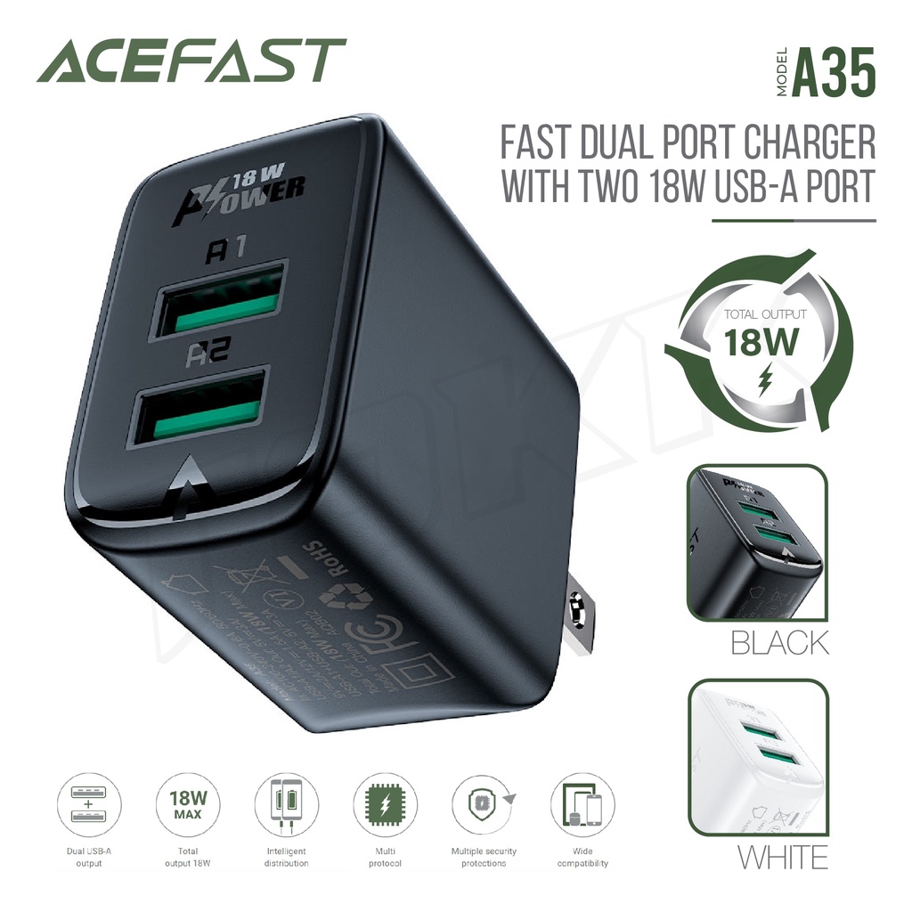 ACEFAST รุ่น A35 หัวชาร์จ 2ช่อง USB ปลั๊กชาร์จ อะแดปเตอร์ ชาร์จเร็ว Fast Charge Wall Charger A35 QC18W (2xUSB-A)