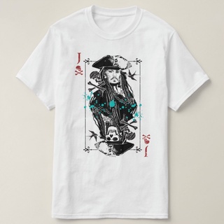 Tshirtคอลูกเรือcrew neckเสื้อยืด ผ้าฝ้าย 100% พิมพ์ลาย Pirates Of The Caribbean Jack Sparrow A Wanted Man Johnny Depp ใส