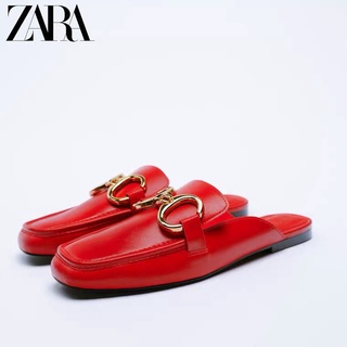 Zara รองเท้าแตะลําลอง ส้นแบน ครึ่งเท้า แต่งโลหะ สีดํา แฟชั่นฤดูร้อน สําหรับสตรี 2022