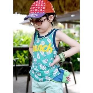 พร้อมส่ง#เสื้อกล้ามเด็กผ้ายืดสีเขียวขอบน้ำเงินสกรีนลายนวมทั่วตัว