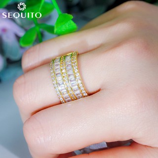 แหวนหมั้น ประดับเพทายคริสตัล 2 แถว สีเหลือง สีทอง คุณภาพสูง【Sequito】R040