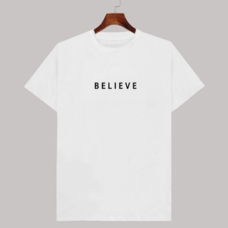 เสื้อยืดผ้าฝ้ายพิมพ์ลายเสื้อยืดสีขาว Believe คอกลม มีเก็บปลายทาง