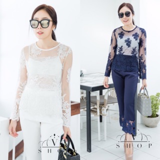 setเสื้อซีทรูปัดลูกไม้ แขนยาว แมทกับกางเกง 7 ส่วน