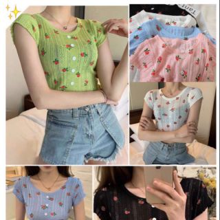 เสื้อไหมพรม ลายดอก สุดฮิต  แต่งกระดุมหน้า