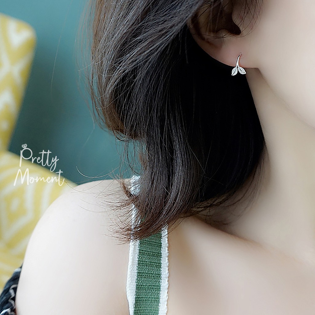 Pretty Moment ต่างหูเงิน ใบไม้คู่ แบบห่วง ต่างหูเงินแท้ ต่างหู มินิมอล 925 สลักก้าน ของขวัญ