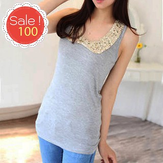 เสื้อแขนกุด ผ้ายืดคอตตอนลูกฟูก แต่งโครเชต์ปักเลื่อม (10239A)