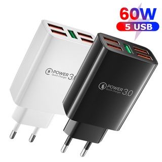 ที่ชาร์จโทรศัพท์ USB 5 พอร์ต 60W แรงดันไฟฟ้ากว้าง สําหรับเดินทาง