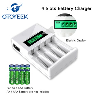 Otoyeek เครื่องชาร์จแบตเตอรี่ไฟฟ้า 4 ช่อง ไฟแสดงสถานะ LED อัจฉริยะ ชาร์จ USB สําหรับแบตเตอรี่ AA AAA Ni-MH Ni-Cd 4 ช่อง หน้าจอ LCD พร้อม USB