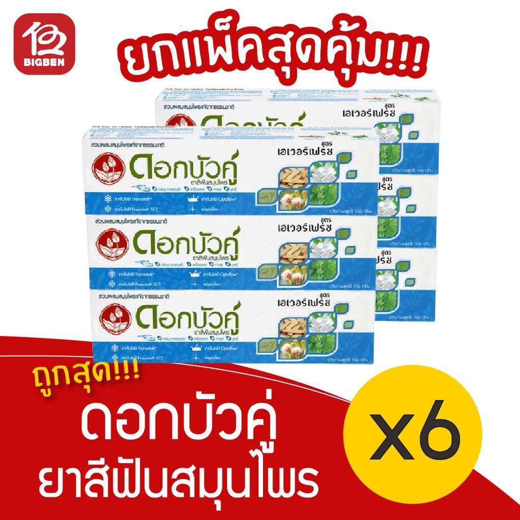 [แพ็ค 6 หลอด] ดอกบัวคู่ ยาสีฟันสมุนไพร สูตรเอเวอร์เฟรช 150 กรัม