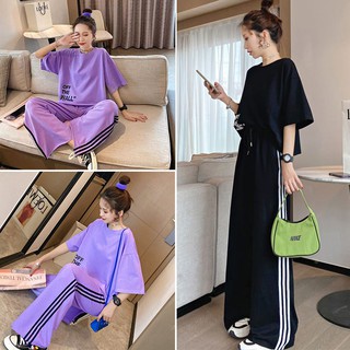 sunny.stroe ชุดเข้าเซทเสื้อยืดแขนสั้นoversize+กางเกงขายาวทรงกระบอก  ชุดลำลองผู้หญิง   เสื้อผ้าแฟชั่นเกาหลี  สีม