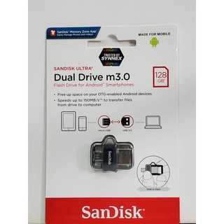 Flash  Drive  128 GB.  SanDisk  Ultra  Dual  m3.0   แฟลชไดร์ฟอุปกรณ์จัดเก็บข้อมูลคอมพิวเตอร์  ขนาดจุ 128  GB.  USB 3.0