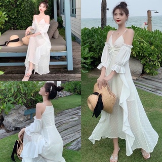 พร้อมส่ง Maxidress เดรสสายเดี่ยว ผ้าชีฟอง ต่อแขนน่ารักๆ เดรสใส่เที่ยวทะเล โทนสีขาว เดรสลายดอก เดรสเว้าไหล่ งานป้าย