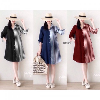 B10994 เดรสเชิ้ตทูโทนริ้ว Two-tone striped shirt dress