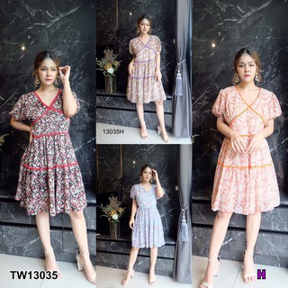 J13035 Dress เดรส ชีฟอง แขนดอลลี่ พิมพ์ดอกไม้ Chiffon dress, dolly sleeves, floral print