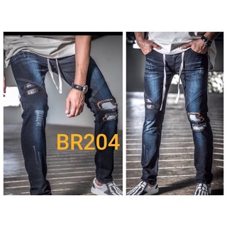 JP.jeans Skinny jeans กางเกงสกินนี่ชายสีมิดไนท์บลูแต่งขาดมีเชือก ผ้ายืเสวมใส่สบาย size 26-36 รับชำระปลายทาง