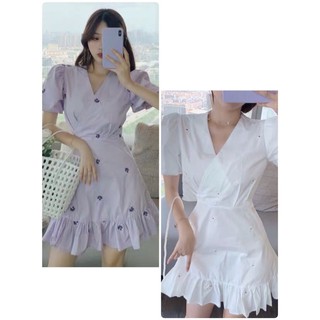 พร้อมส่ง❤️korea dress ชุดเดรสแขนตุ๊กตา คอวี กระโปรงระบาย  งานสวยมาก