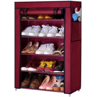 Shoe Rack ชั้นวางรองเท้า 5 ชั้น + ผ้าคลุม - สีแดงเลือดหมู