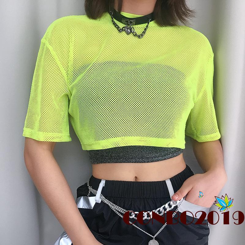 เสื้อครอปแขนสั้นผ้าตาข่ายสำหรับผู้หญิง