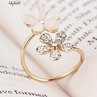 👍💍1Pc Elegant Double Daisy แหวนดอกไม้ Rhinestone เครื่องประดับแหวนเปิดแบบปรับได้