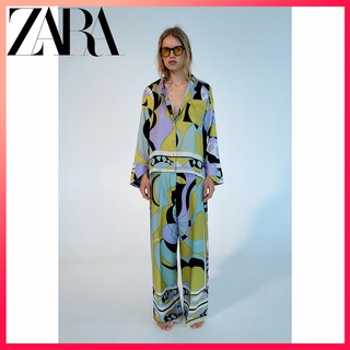 Zara เสื้อเชิ้ต พิมพ์ลาย มีกระเป๋า + กางเกงขากว้าง พิมพ์ลาย แฟชั่นฤดูร้อน