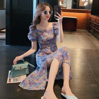 💙Blula long dress 🔸งานนำเข้า พร้อมส่ง ชุดเดรสยาวผ้าชีฟองพิมพ์ลายดอกไม้โทนสวยน่ารักดูแพง