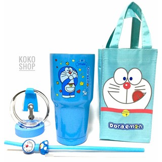 แก้วเก็บอุณหภูมิ ร้อน-เย็น แก้วเยติ ลาย Doraemon โดเรม่อน ฟรี !! ถุงใส่แก้ว พร้อมหลอด และยางรองแก้ว (คละสี)