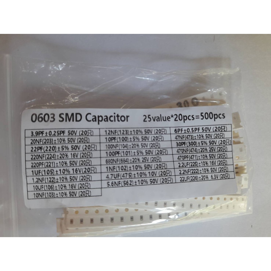 ตัวเก็บประจุ SMD 0603 SMD Chip capacitor assorted kit , 25values*20PCS=500PCS (1pF~22uF) สต๊อกไทย