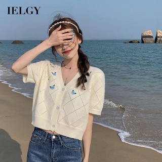 IELGY เสื้อคาร์ดิแกน คอวี แขนสั้น ปักลาย สําหรับผู้หญิง