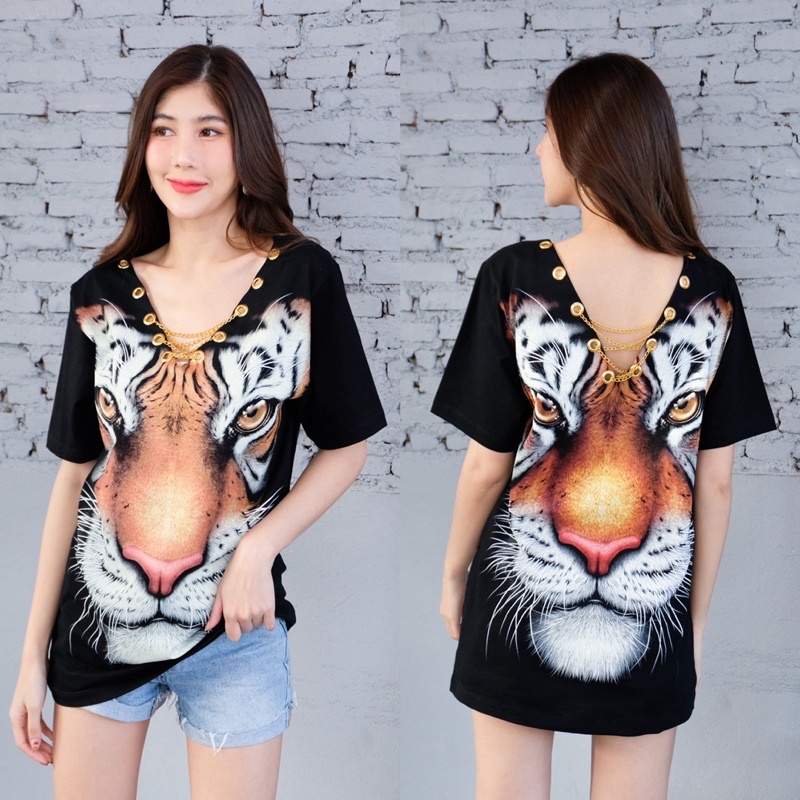 เสื้อยืด 🔥🔥เสื้อยืดลายสกรีนเรืองแสงในที่มืด งานตอกตาไก่แต่งโซ่ วีหน้า-หลัง🔥🔥