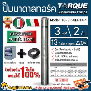 TORQUE ปั๊มบาดาล รุ่น TQ-SP-8BH13-4 (220V.) 2นิ้ว 3HP 13ใบ (สายไฟ 3x4 + ฝาบ่อ 2นิ้ว + กล่องคอนโทรล) บาดาล ปั๊มน้ำ