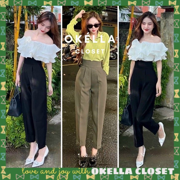 กางเกงขายาวผู้หญิงเอวสูง V-waist Baggy, กางเกง Baggy ผู้หญิงสไตล์สํานักงานจั๊มสีดําคุณภาพสูง Okélla