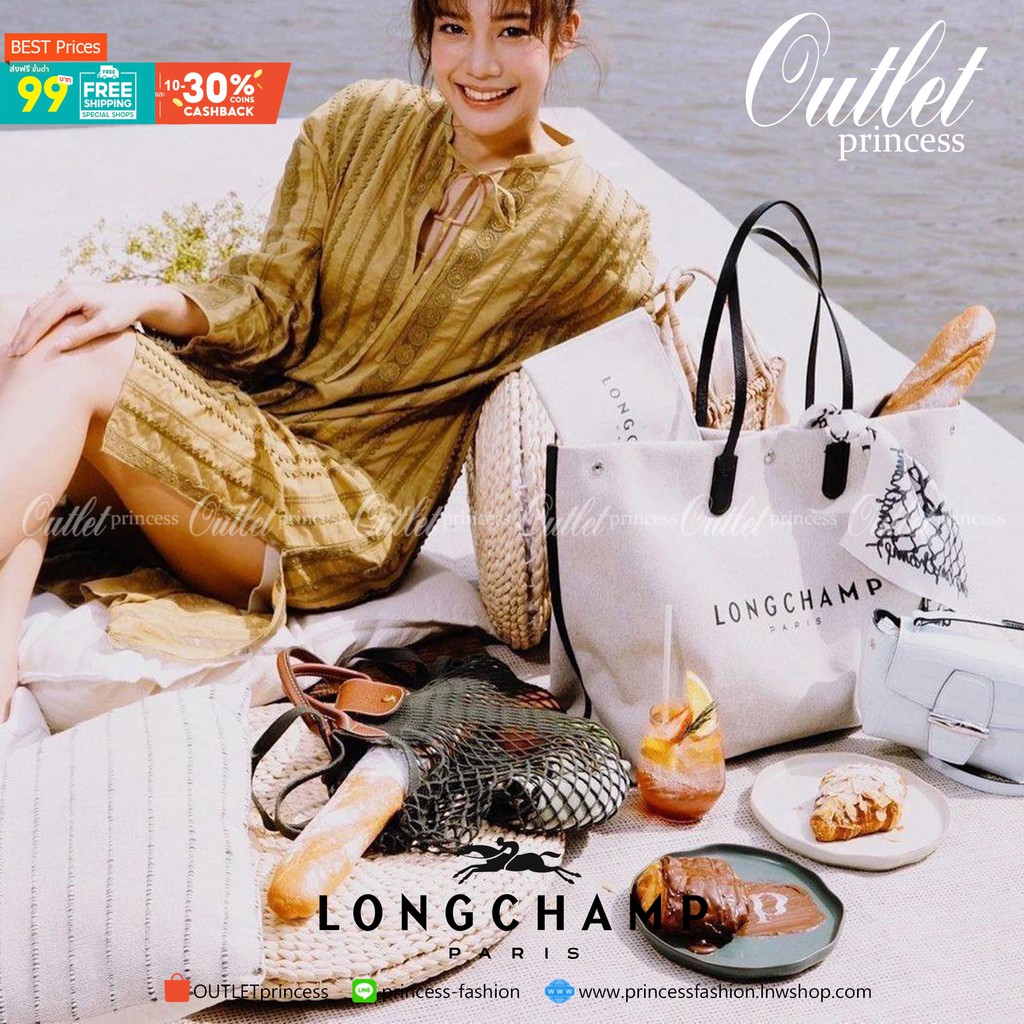 LONGCHAMP ESSENTIAL TOILE SHOULDER BAG L ECRU วัสดุ Cotton Canvas