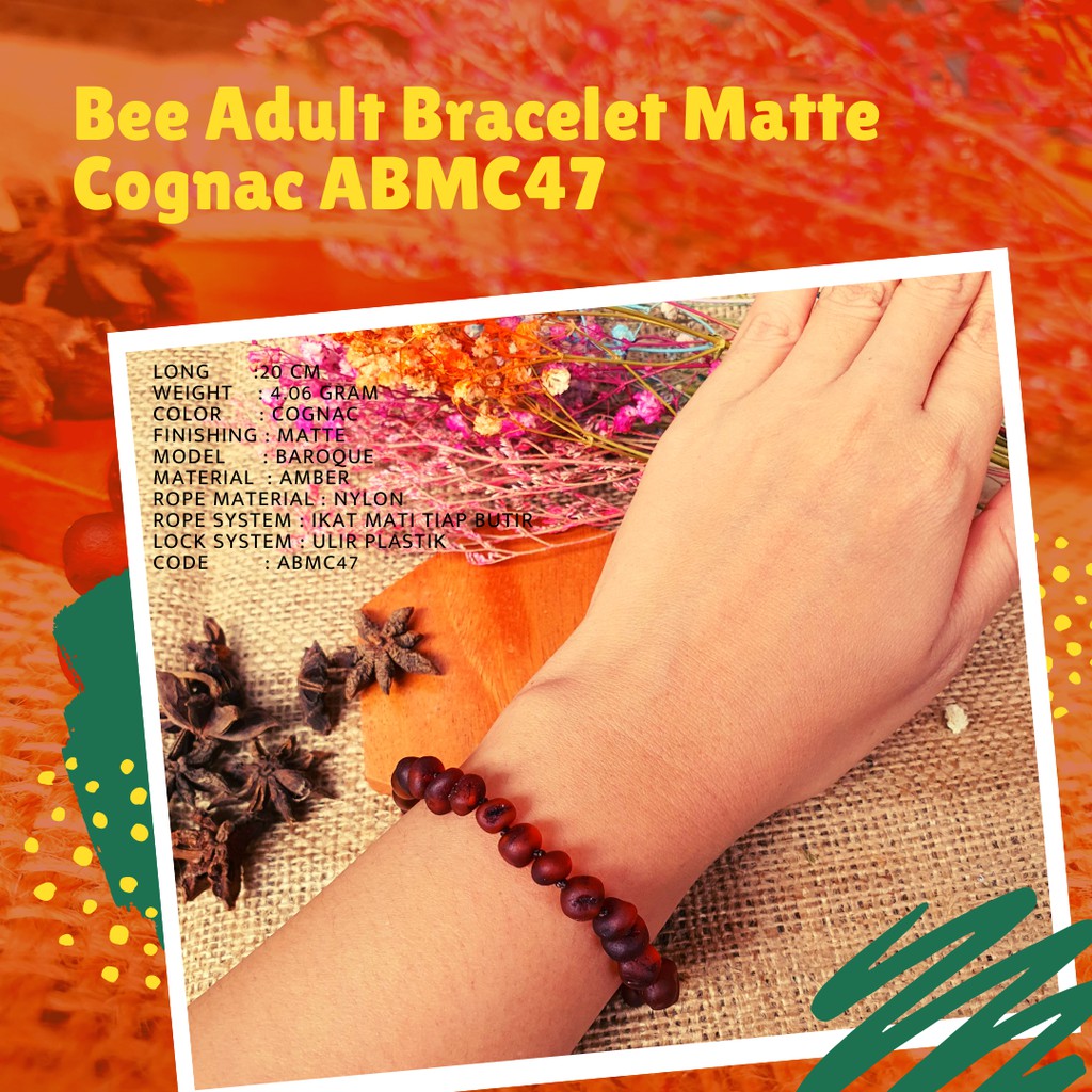 สร้อยข้อมือ Cognac Matte Cognac พรีเมี่ยมผึ้งสีเหลืองอําพันสําหรับผู้ใหญ่