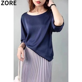 Zore เสื้อยืดคอกลม ผ้าซาติน แขนสามส่วน ทรงหลวม สําหรับผู้หญิง