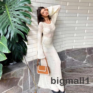 Bigmall- ชุดเดรสยาว ผ้าถัก คอกลม แขนยาว สีพื้น เหมาะกับฤดูร้อน สําหรับผู้หญิง