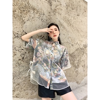 MANSA floral mesh oversized shirt เสื้อโอเวอร์ไซส์ผู้หญิง เสื้อลายดอก เสื้อผู้หญิง