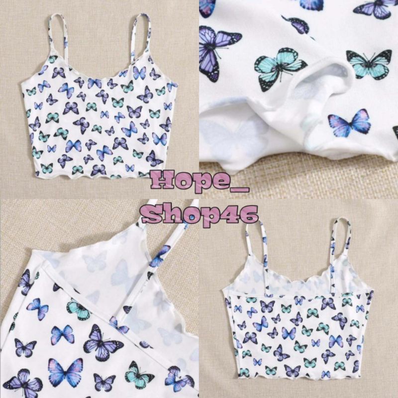 SHEIN พร้อมส่ง 🦋 เสื้อครอป/สายเดี่ยวผู้หญิงผักกาดหอม คอวี สีขาว ลายผีเสื้อ ผ้านิ่มยืดนิดหน่อย ( K008