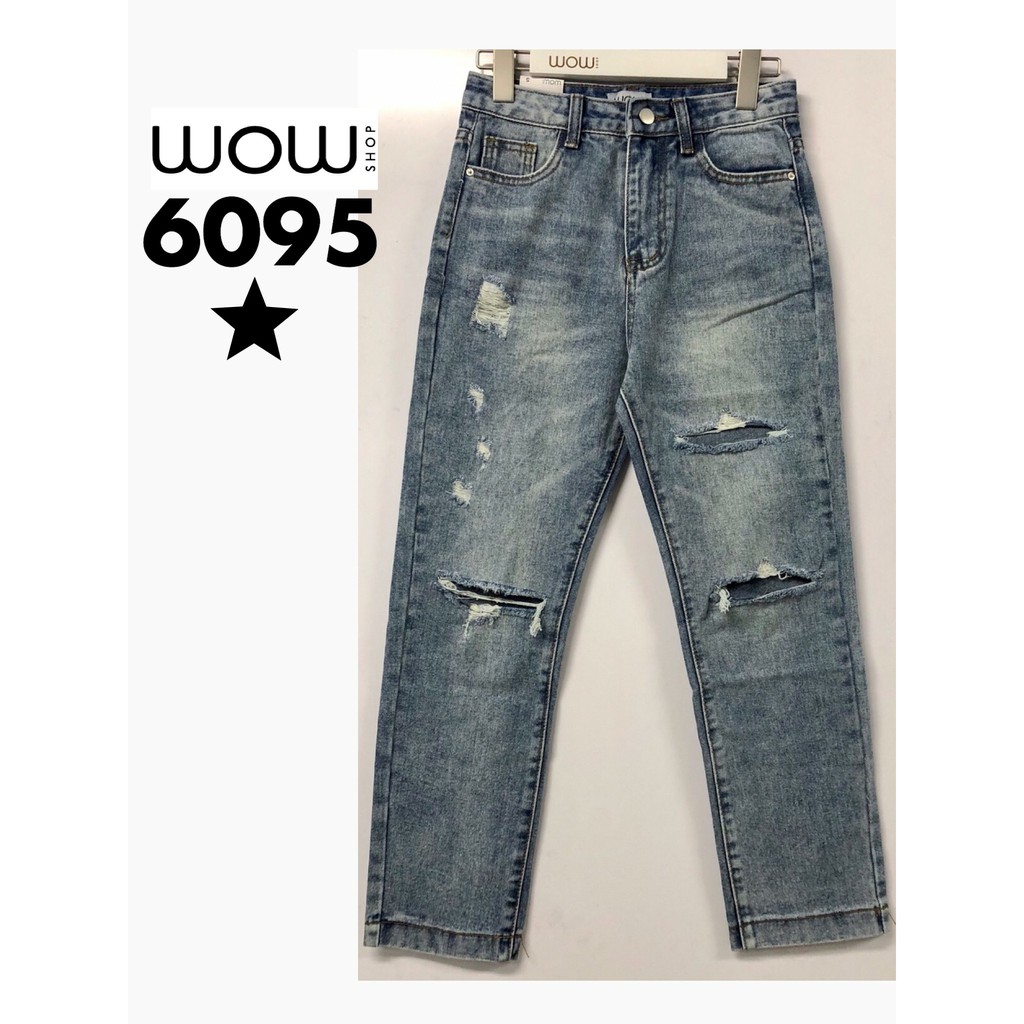 [6095]กางเกงยีนส์ ขายาว ทรงบอย แต่งขาดหน้าขา2ข้าง ปลายขาเย็บ - WOW