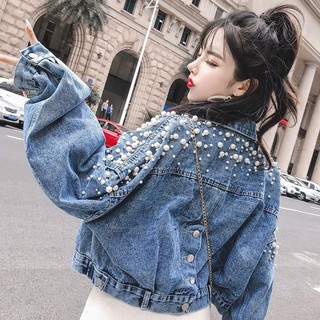 Beaded Short Denim Jacket Female Student Korean Loose Split Jacket Wild Bat Sleeve Loose Long Sleeve Top