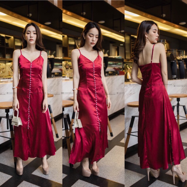 Code :3570 เดรสสายเดี่ยวสีแดง ชุดสีทองไปงาน งานป้าย vshop
