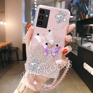 ใหม่ เคสโทรศัพท์มือถือ Samsung Galaxy A13 A23 LTE A33 A53 A73 M53 M33 M23 M13 4G 5G 2022 New Phone Case Cute Two Flying Butterfly Decorated Smartphone Casing With Hand Strap Rope Glitter Back Cover