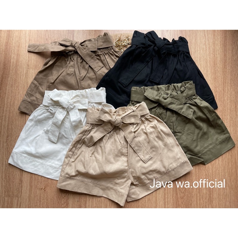 Java wa shop กางเกงขาสั้น ทรงเอวสูง ผูกเอวโบว์ ผ้าเวสปอยแท้ ผ้าใส่สบายมาก กางเกงบาร์บี้ เอวจีบ เวสปอยโบว์