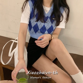 Xiaozhainv เสื้อกล้ามแขนกุดสีฟ้าแฟชั่นสไตล์เกาหลี