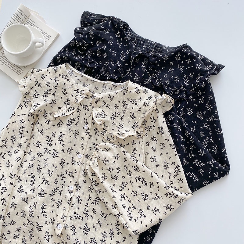 เสื้อเชิ้ตแขนยาว ผ้าชีฟอง ทรงหลวม ลายดอกไม้ สไตล์เกาหลี สําหรับผู้หญิง