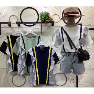 งานป้ายH&amp;J เสื้อแต่งแถบต่อผ้าริ้วระบายด้านข้าง มีบริการเก็บเงินปลายทาง