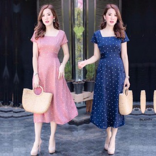 Dress ชุดเดรสคอเหลี่ยม ผ้าโฟร์เวย์พิมพ์ลายจุด KP8639