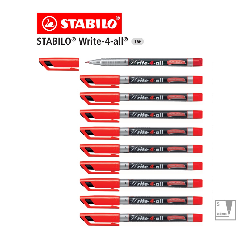 STABILO Write-4-all 166 ปากกา ปากกาเคมี ขนาดหัว S (0.4 mm.)(Red)10ด้าม ปากกามาร์กเกอร์ กลิ่นไม่ฉุน เขียนแก้ว เหล็ก ไม้