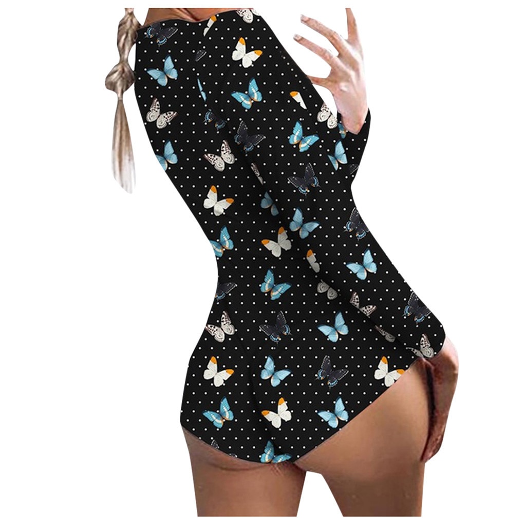 Sexy Women Bodysuit Long Sleeve Deep V Neck Bodycon Slim Leotard Bodysuit Button Short Pajama Women Sleepwear Jumpsuit L 979