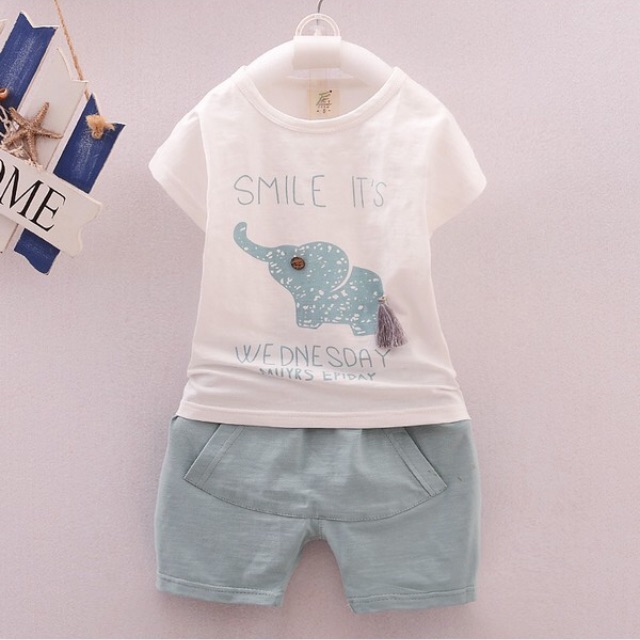 BG888A ชุดเด็ก เสื้อลายช้างหางพู่ + กางเกง *เขียว* (2ข/3ข/4ข/5ข)